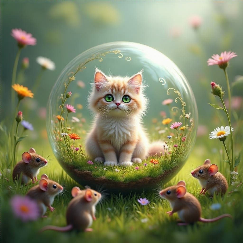 Whimsical Feline Inside a Delicate Glass Globe in a Vibrant ...