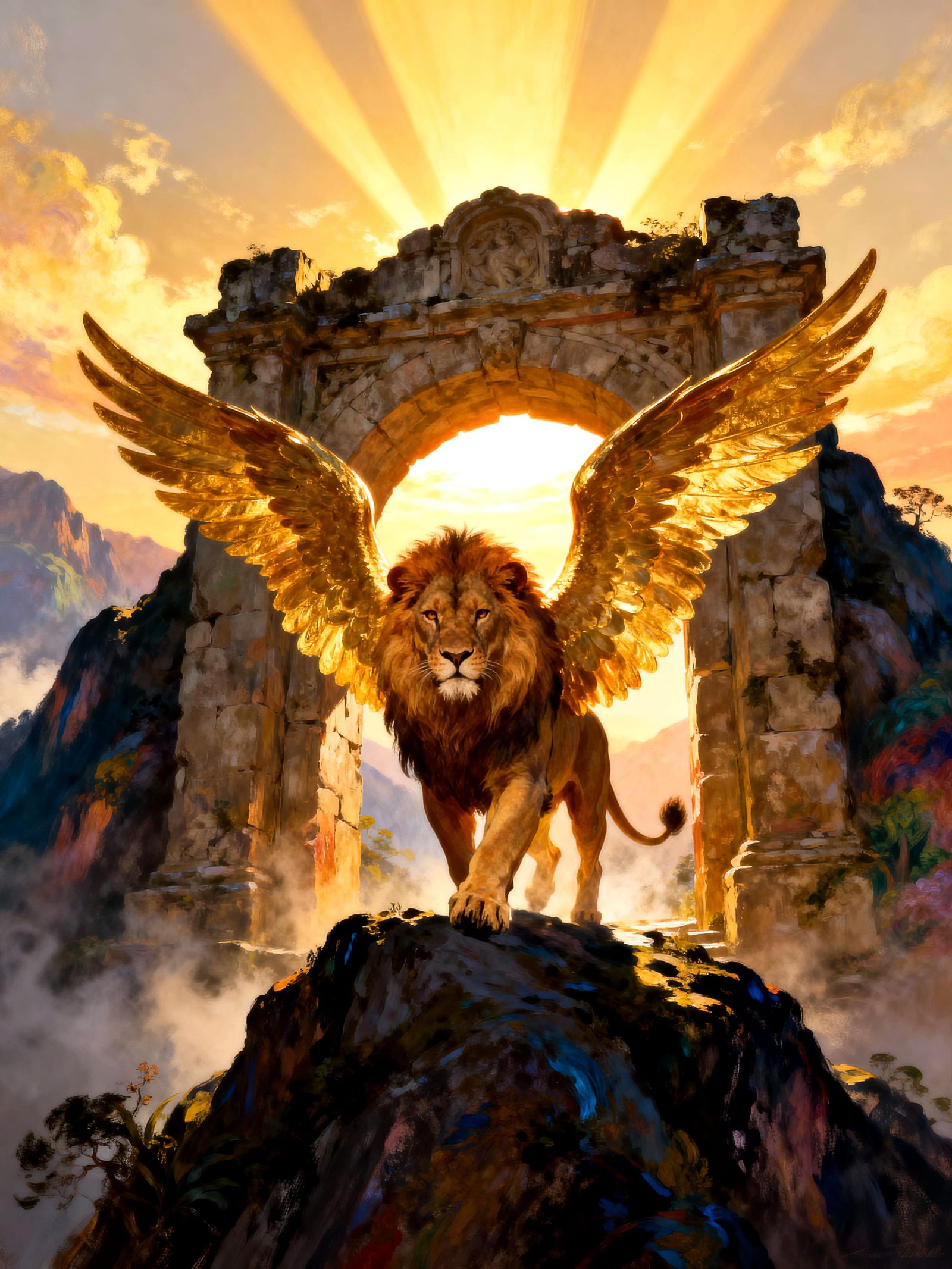 Majestic Winged Lion at Sunrise