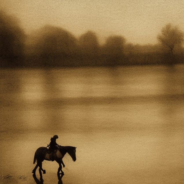 Lone Knight Rides Riverbank: Impressionist Style