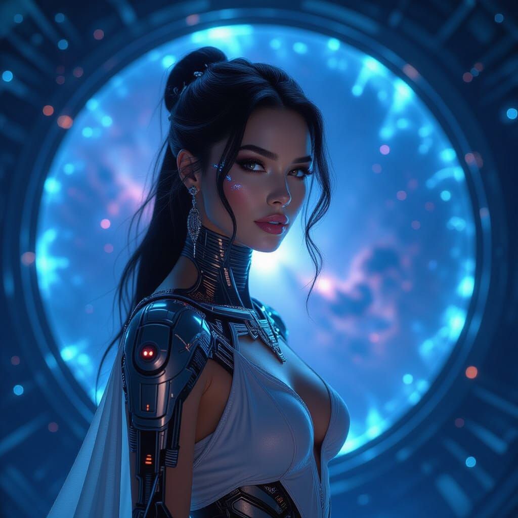 Cybernetic Woman Before Cosmic Portal