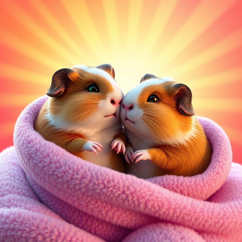 Whimsical Guinea Pig Friends in a Vibrant Sunset Scene