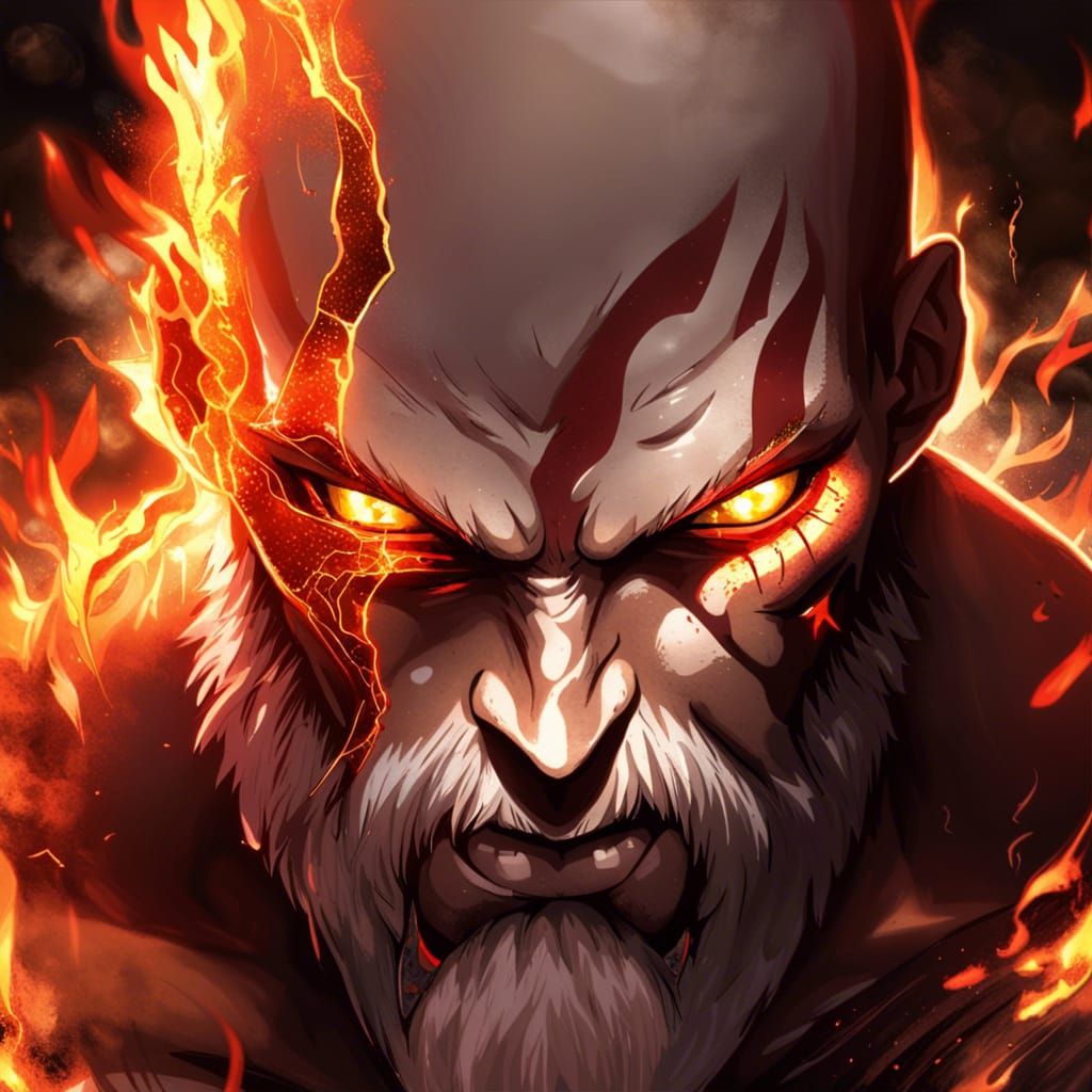 Fiery Kratos in Anime Style Hellscape