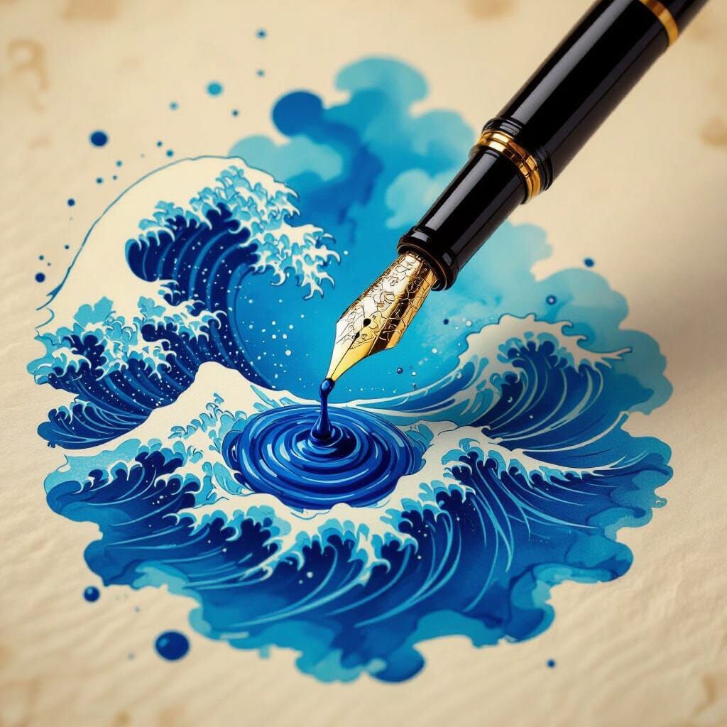 Fountain Pen Creates Surreal Blue Ink Flow