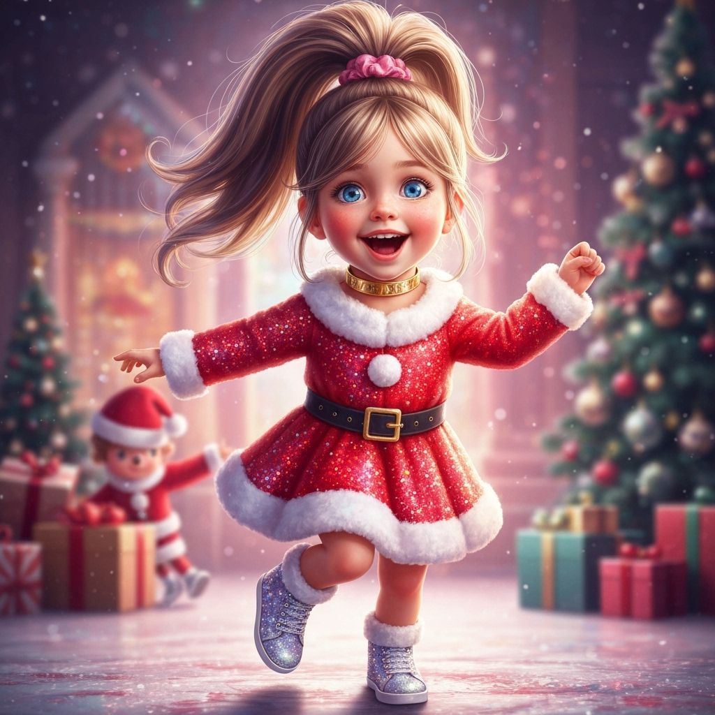 Joyful Child in Santa Outfit Dancing in Christmas Scene