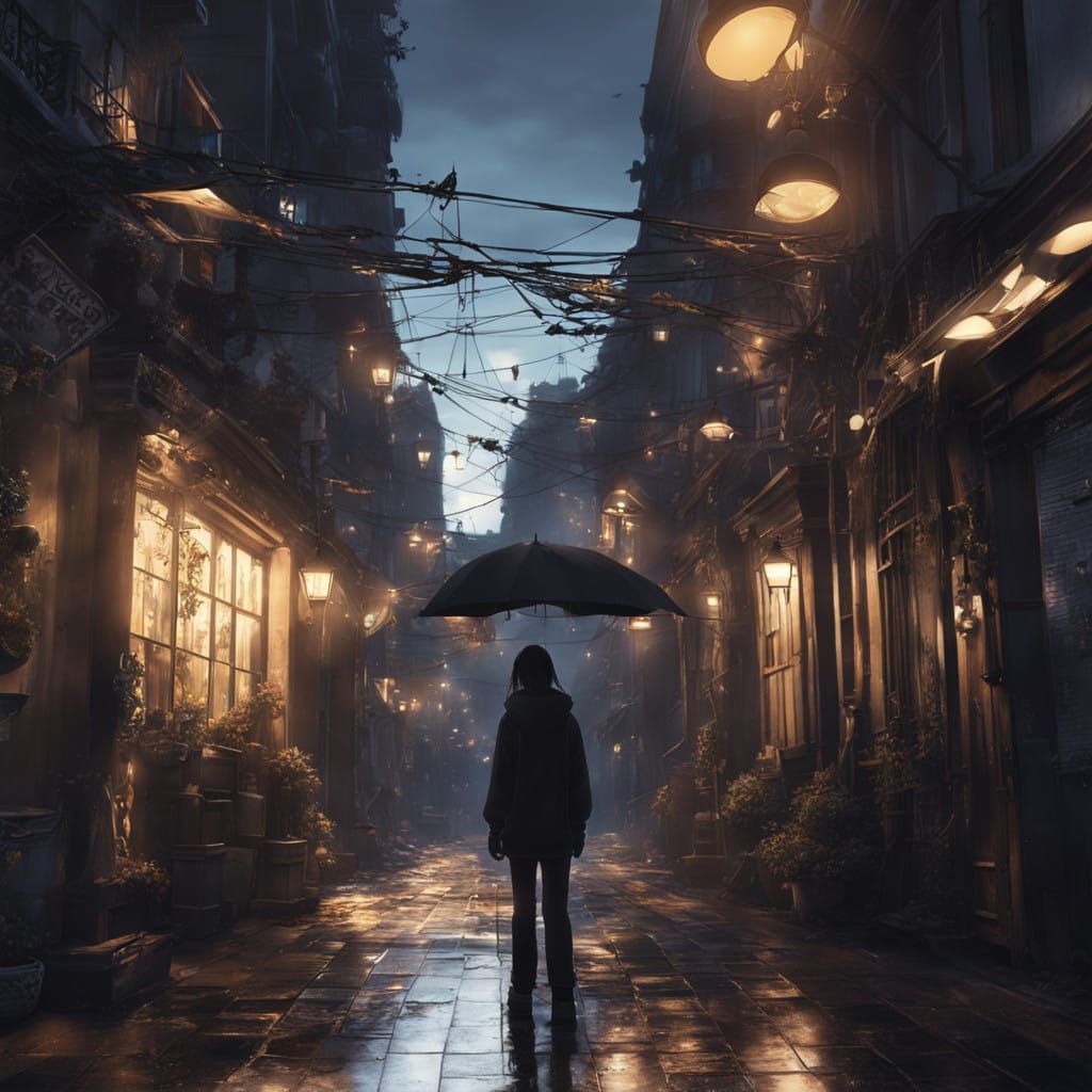 Goth Teen Silhouette Under Neon Streetlights