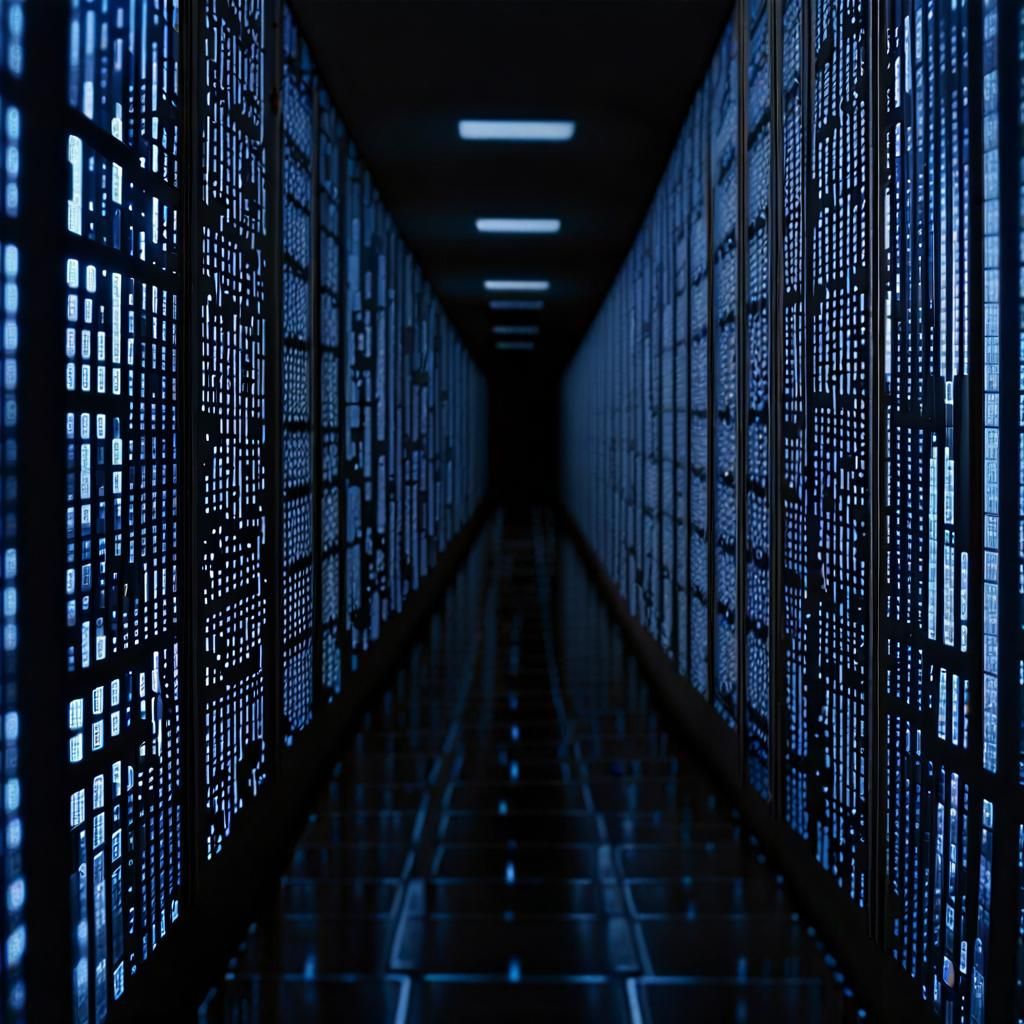 Binary Code Towers in a Digital Hallway