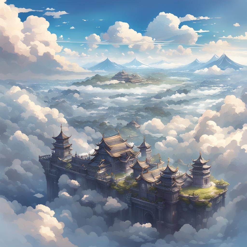 Anime Temple in Cloudscape: 3D Digital Art