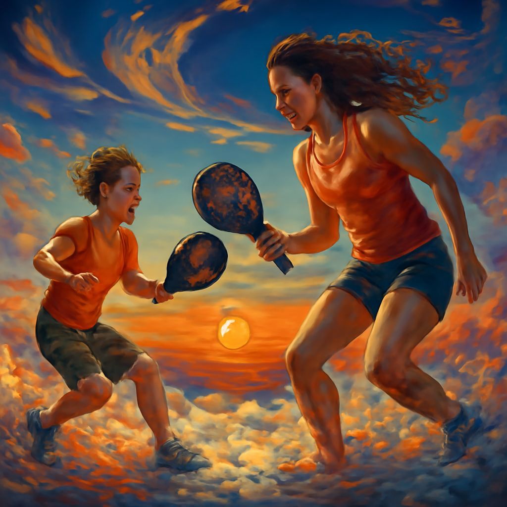 Mother and Child Play Pickleball on a Sunset Cloud