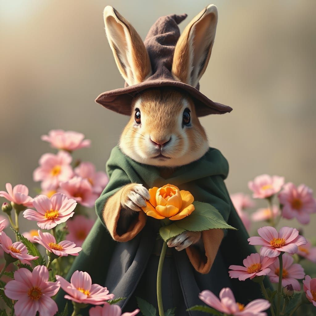 Whimsical Bunny in Wizard Robes Amidst Pink Blooms