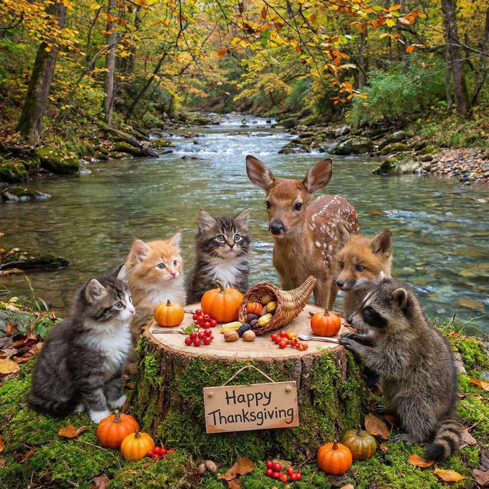 Whimsical Forest Thanksgiving with Wildlife and Kittens