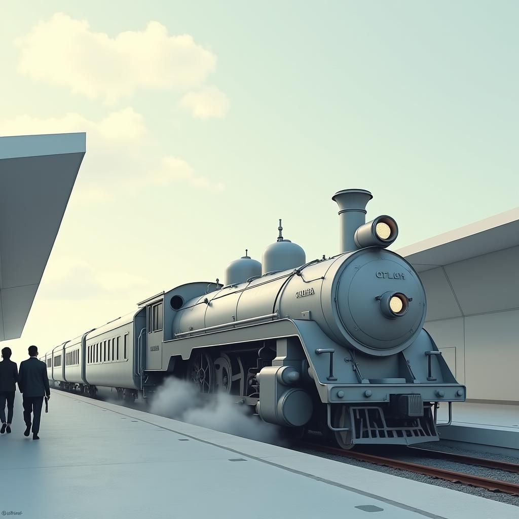 Silver Steam Train Arriving in Futuristic Cityscape