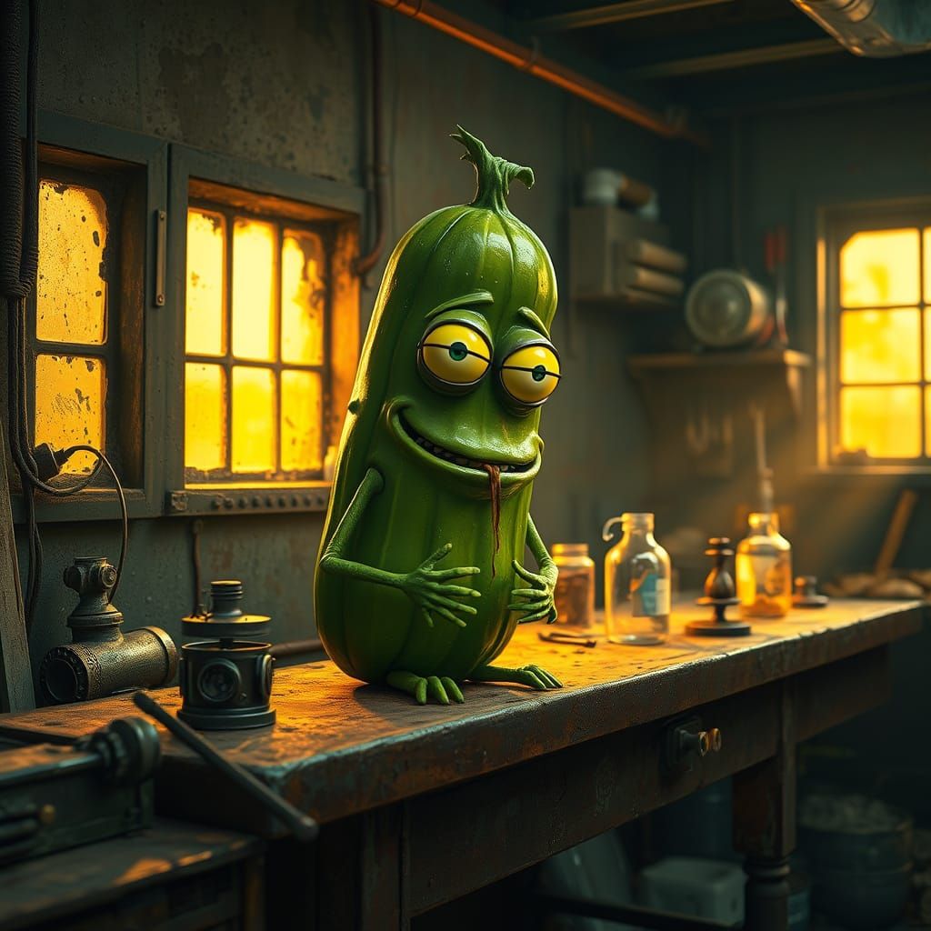 Sentient Pickle in Whimsical Garage Scene