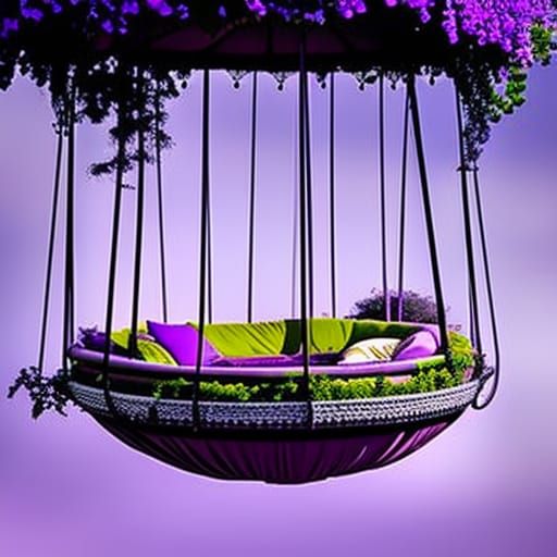Purple Round Swing Bed with Pergola Roof and Planters& gothic vibes& ethereal vibes& magical vibes& dark fantasy vibes& ...