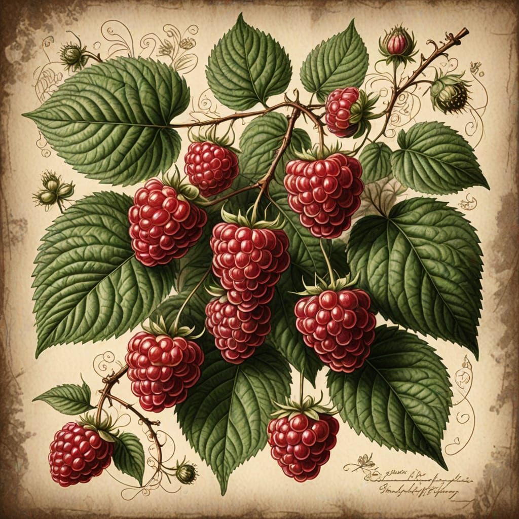 Vintage Botanical Raspberry Illustration in Sepia Tones