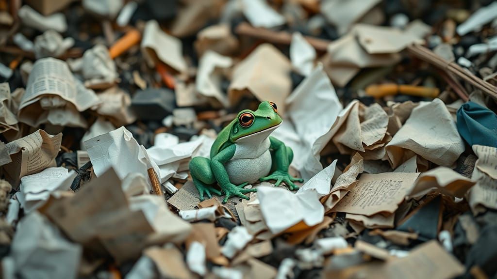Origami Frog in Waste Dump Paper Art