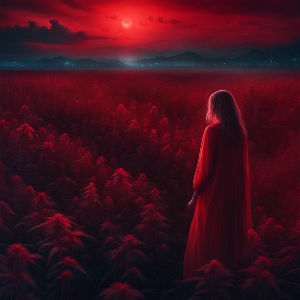 Red Transparent Woman in Weed Field at Night