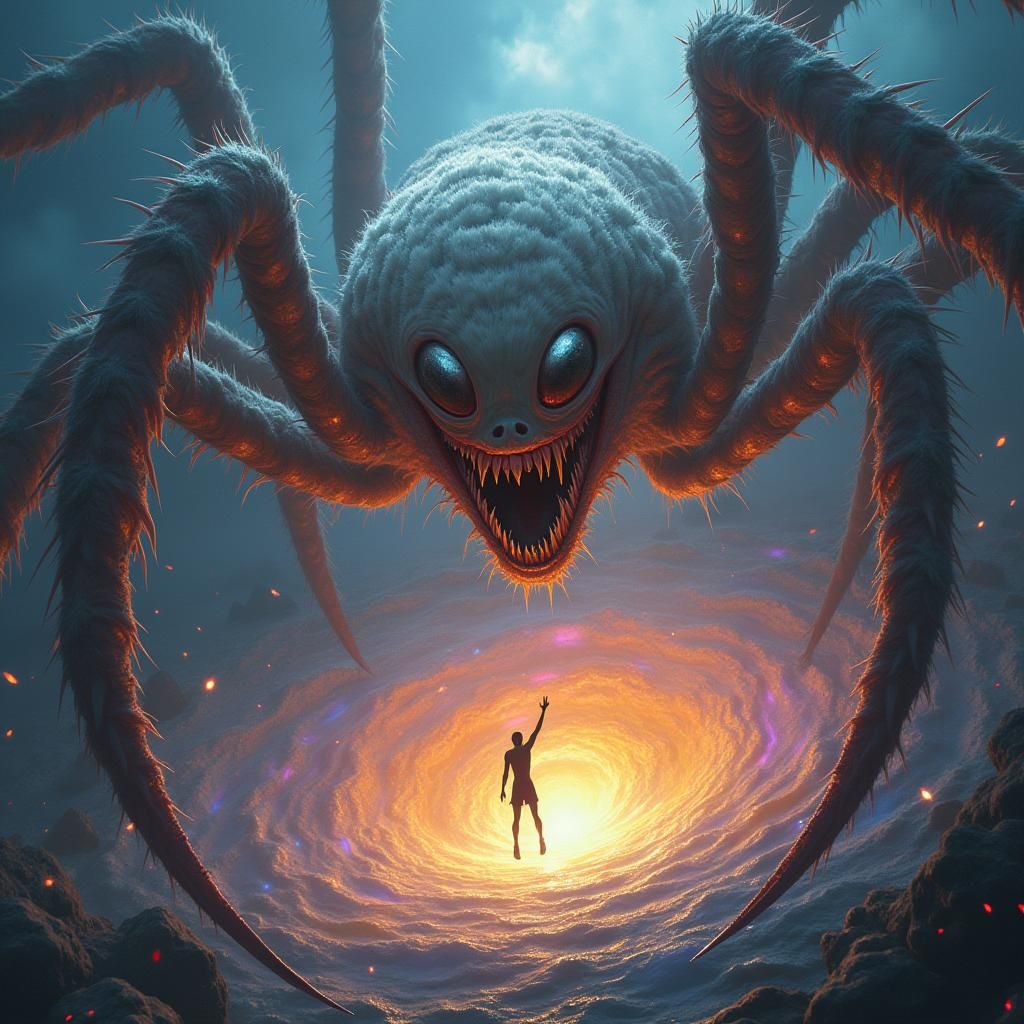 Colossal Furry Arachnid Grasps Human in Fantasy Vortex