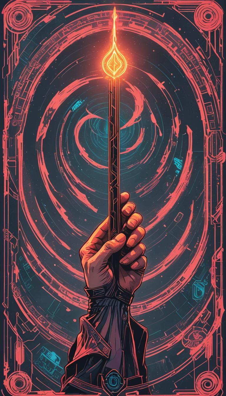 Ace of Wands Tarot Card in Cyberpunk Style