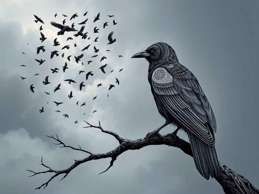 Abstract Crow on Branch in Surrealist Style