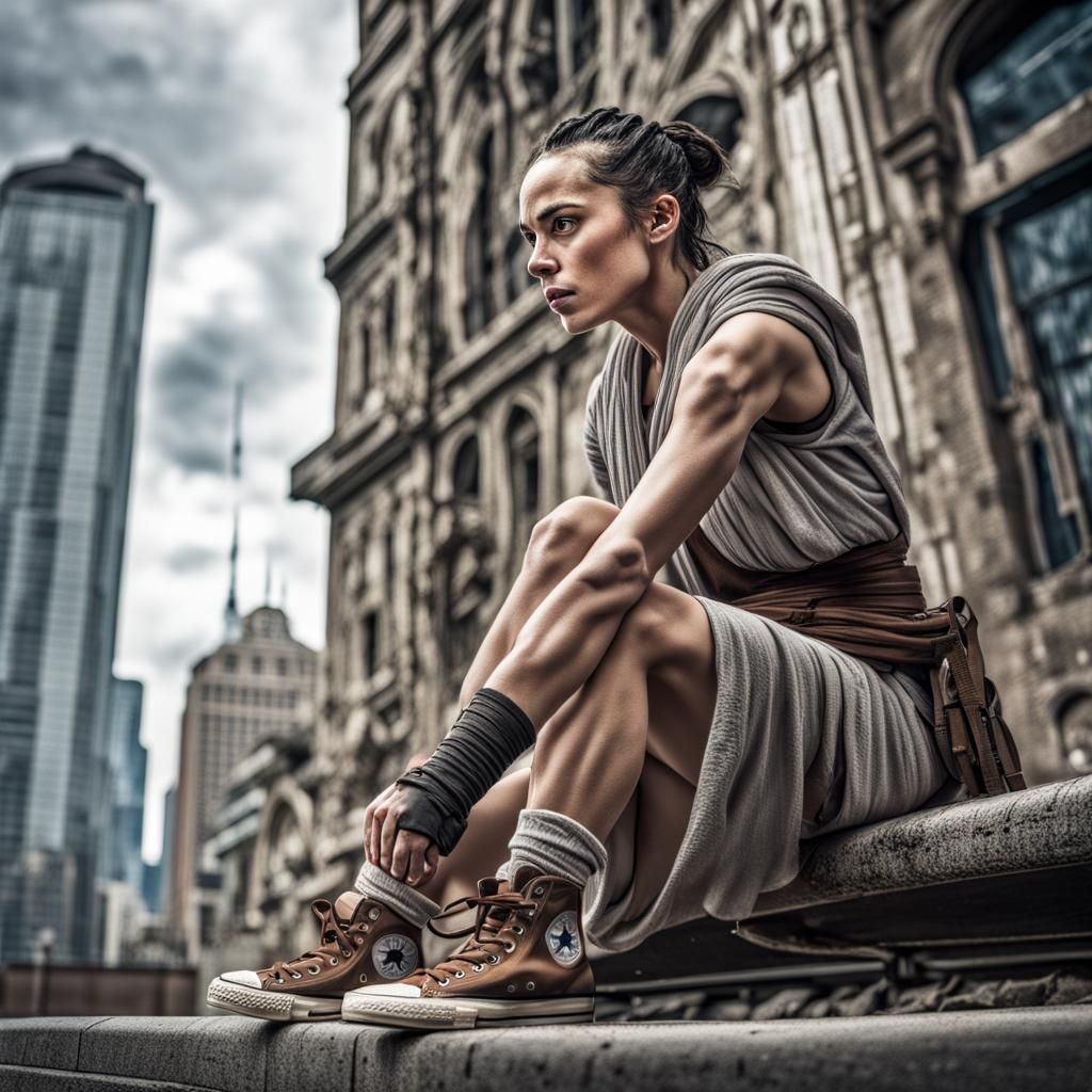 Giantess Rey Crushes Building: Hyperrealistic HDR Image