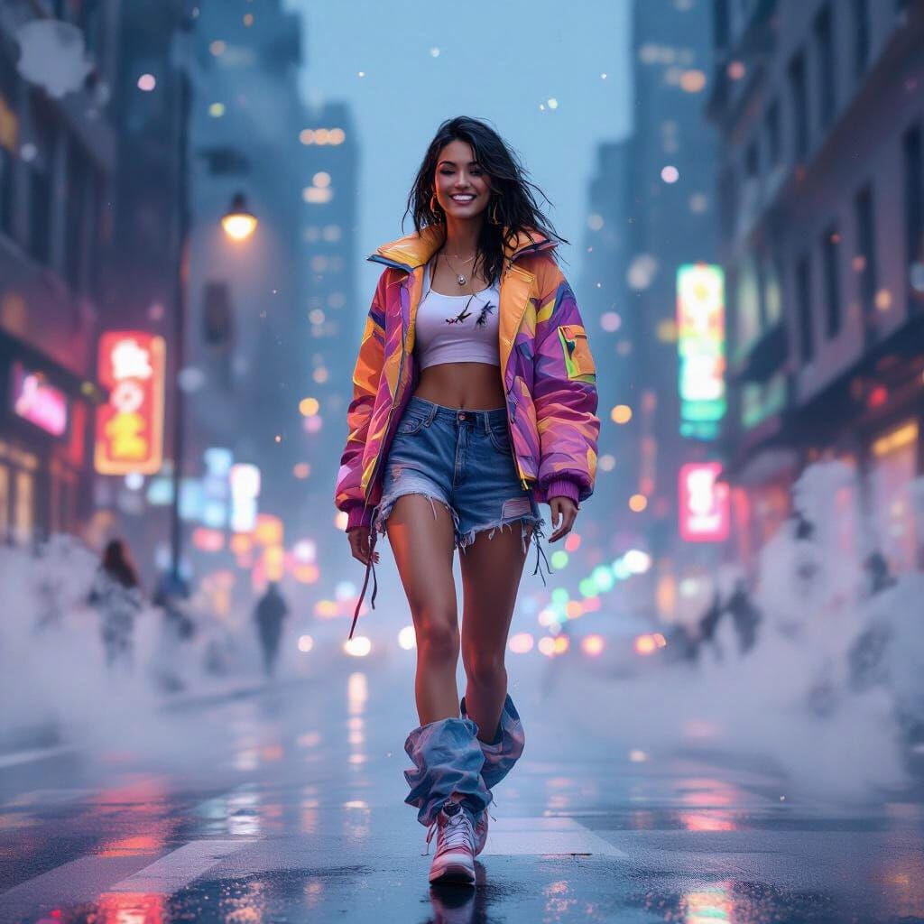 Joyful Woman in Misty Cityscape with Neon Lights
