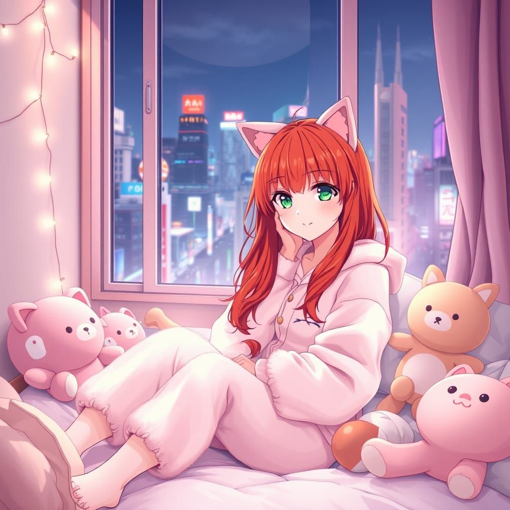 Anime Girl in Nekomimi Onesie with Tokyo View