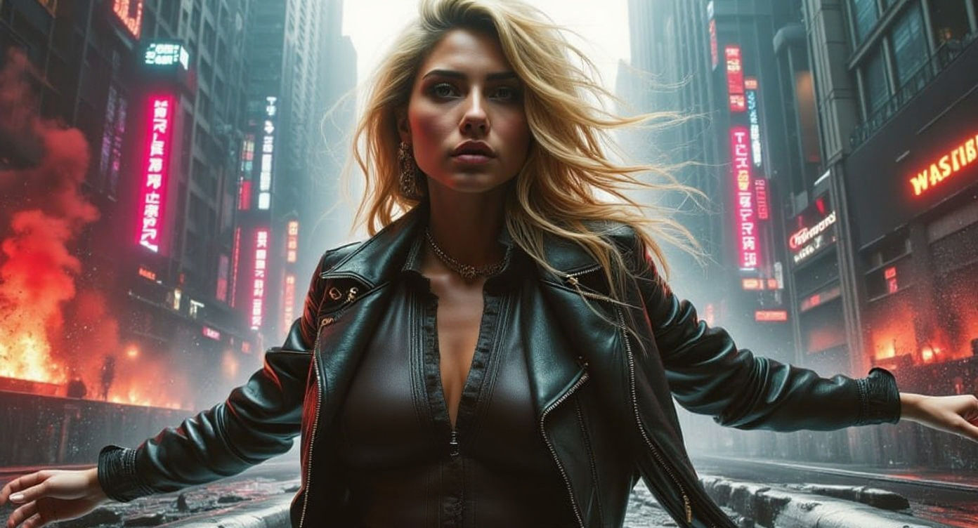 Roaring Blonde Woman in Dark Oil Paint Style