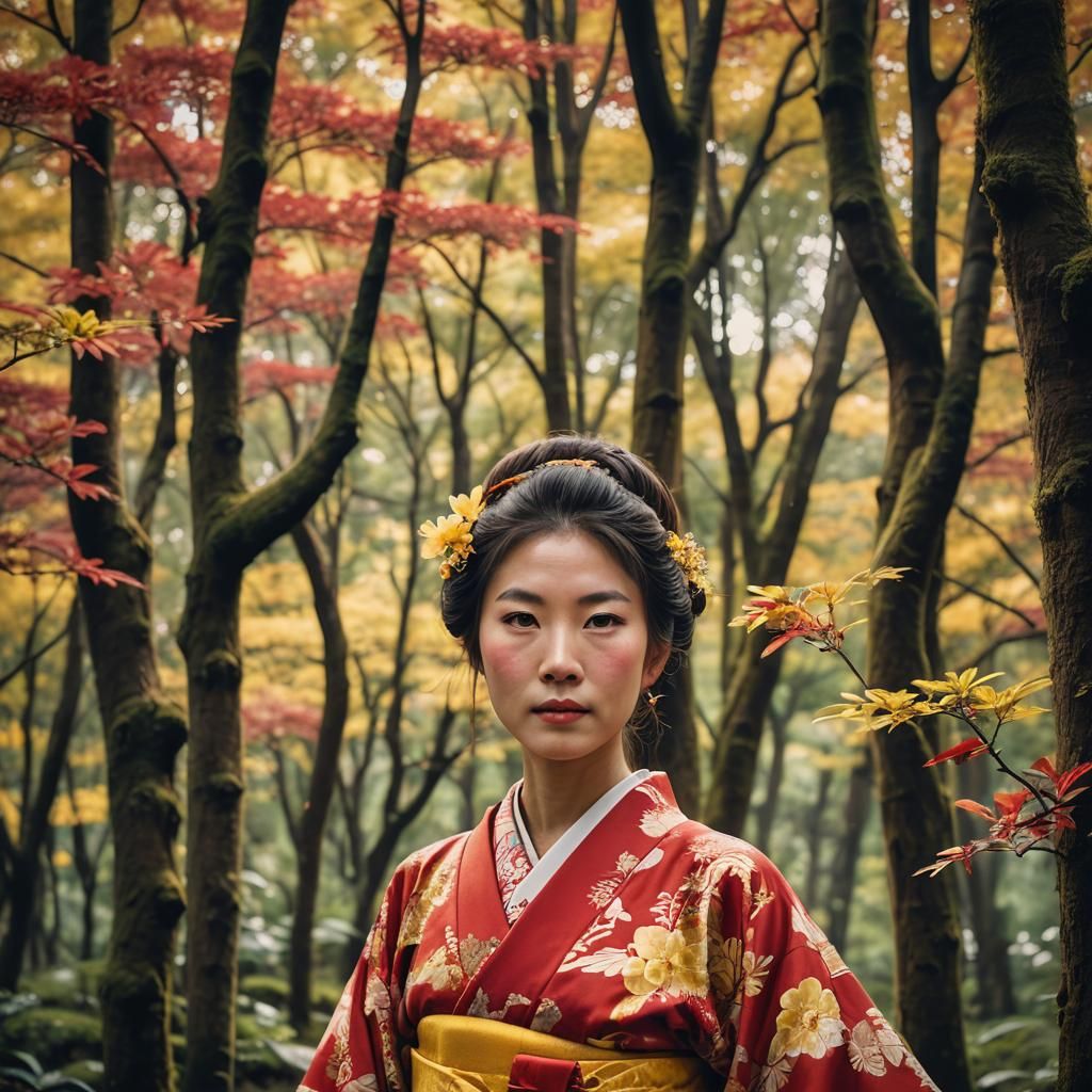 Japanese Woman in Red Kimono Portrait