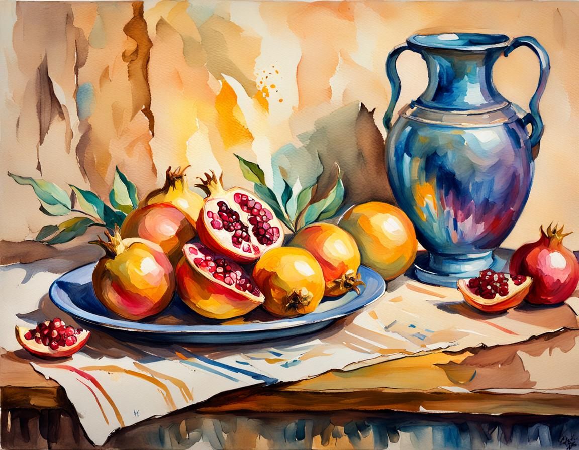 Pomegranate Frame: Empty Postcard in Gouache Watercolor