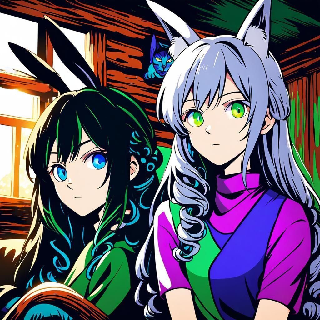 Girls Enjoying Cozy Cabin Moments in Anime-Style Illustratio...
