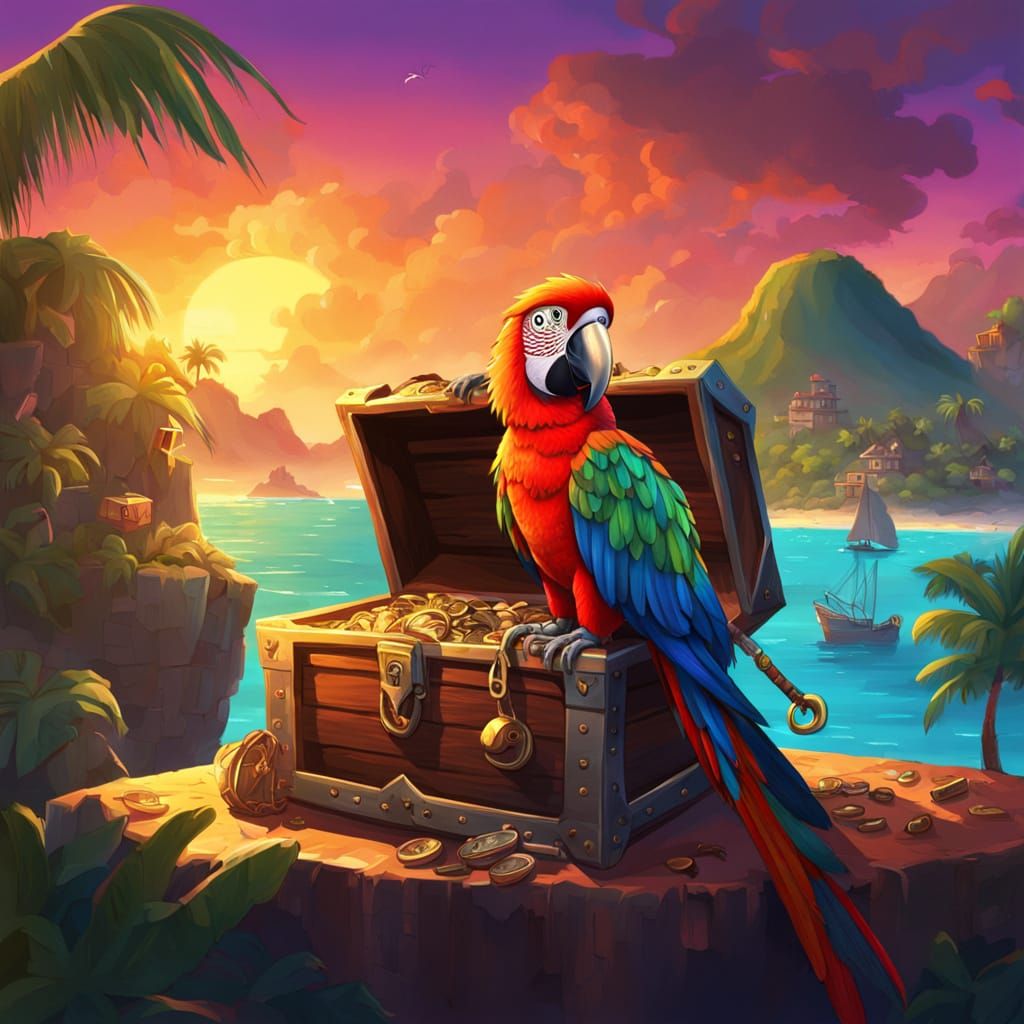 Pirate Parrot Guards Treasure: Digital Painting in Pixar Sty...