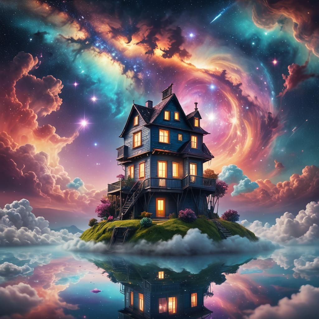Cosmic Floating Island House in Psychedelic Style