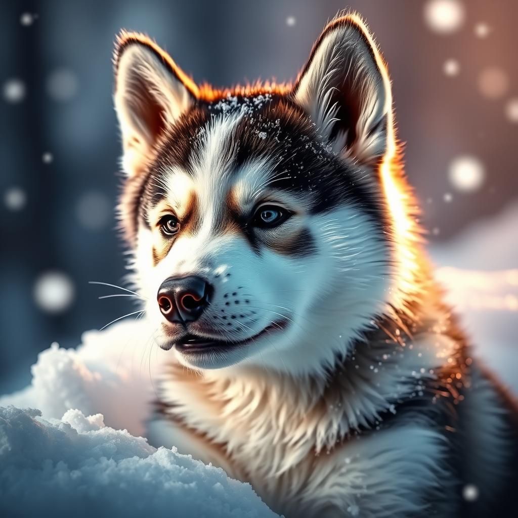 Hyperrealistic Husky Puppy in Snow, Splash Art