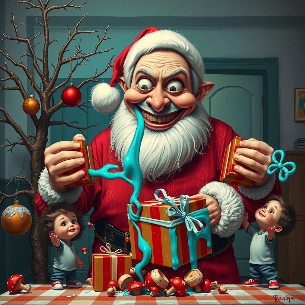 Maniacal Santa Claus with Unbridled Joy and Electric Blue Go...