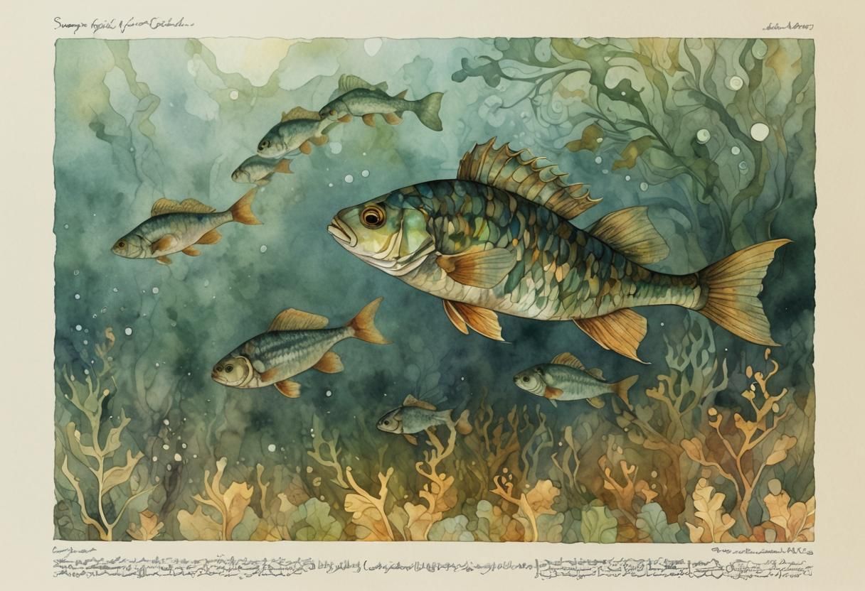 Perch Fish in Underwater Pond, Watercolor Vector Art