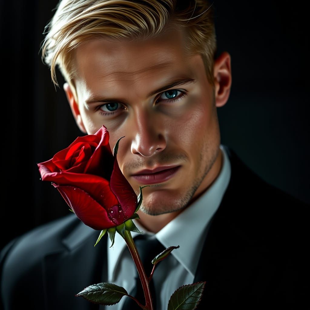 Chiseled Gentleman Holds Elegantly Wet Rose