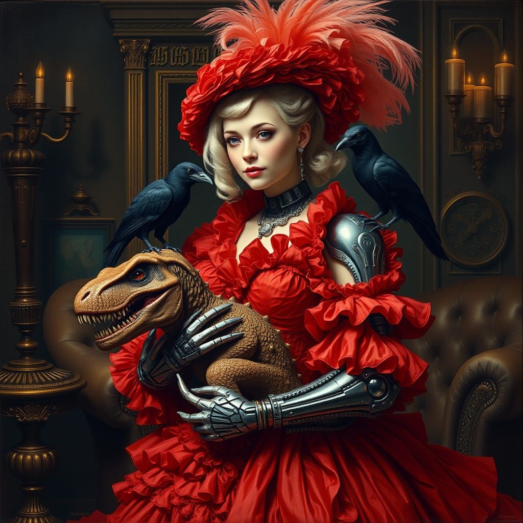 Cyber Woman Cradles T-Rex in Rembrandt Style