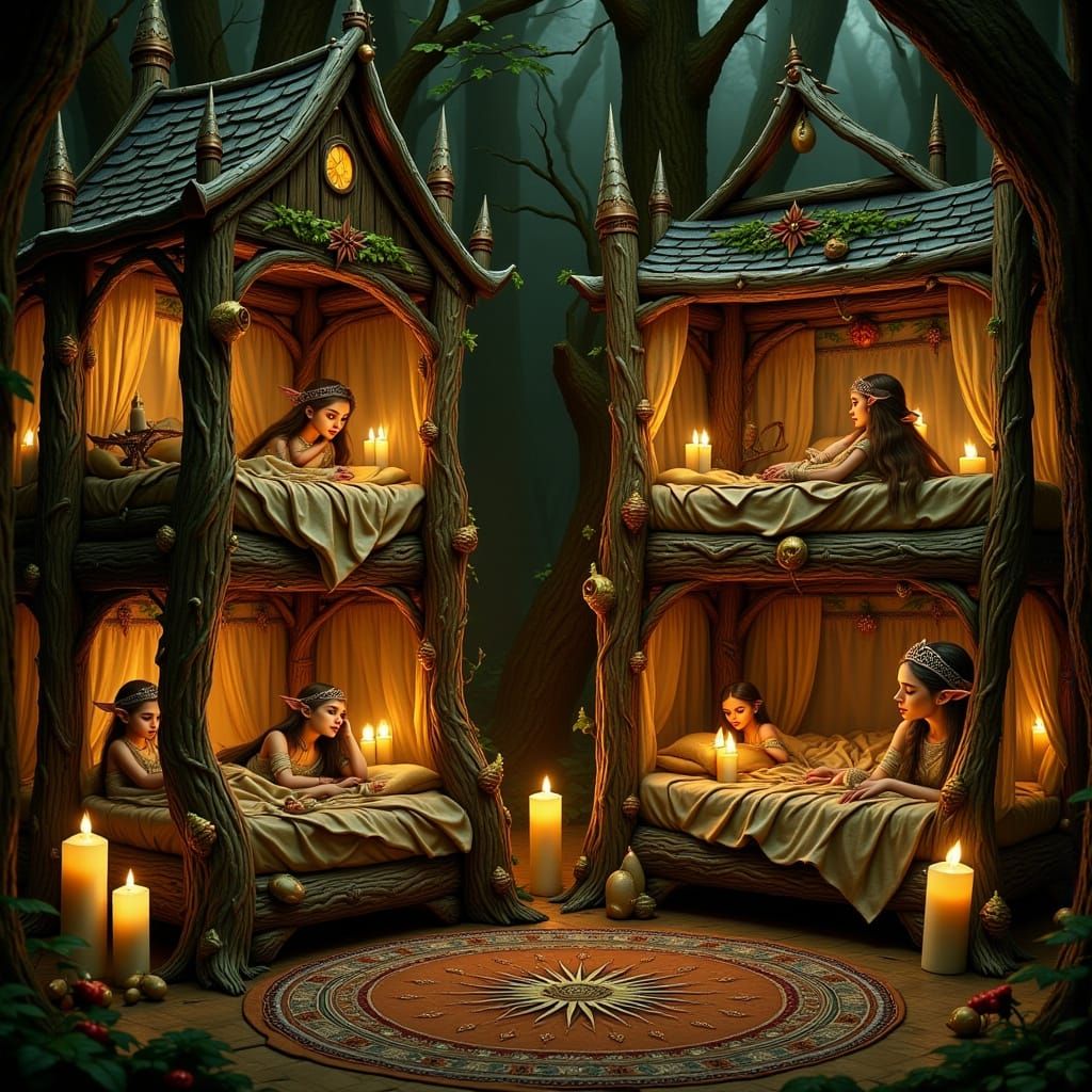Elf Children Sleeping in Nature-Themed Bunk Beds