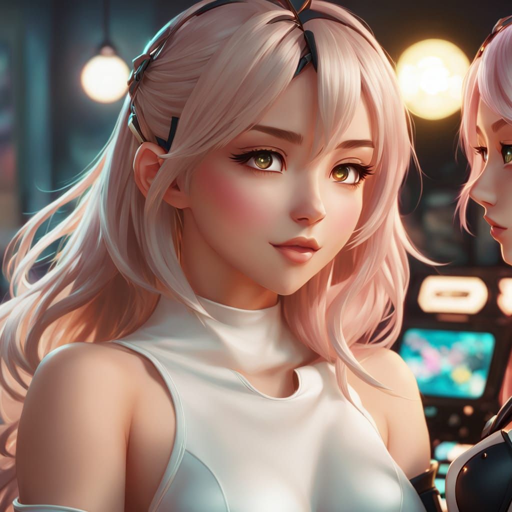 Anime-Inspired Digital Painting of Two Gamers Embracing