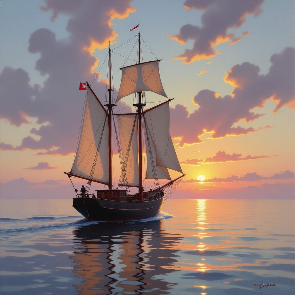 Schooner at Dawn in a Romantic Style