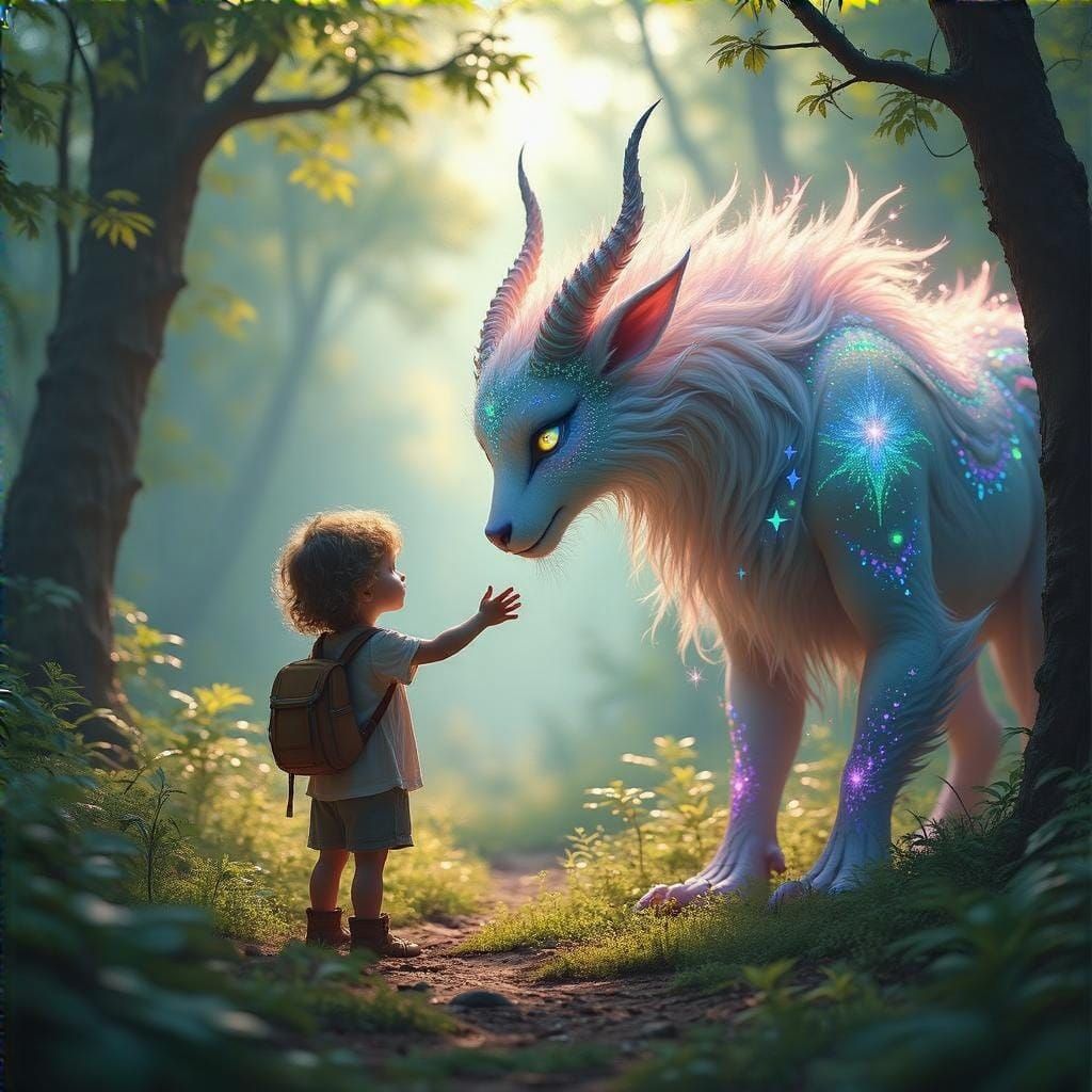 Child Encounters Mythical Creature in Enchanted Forest