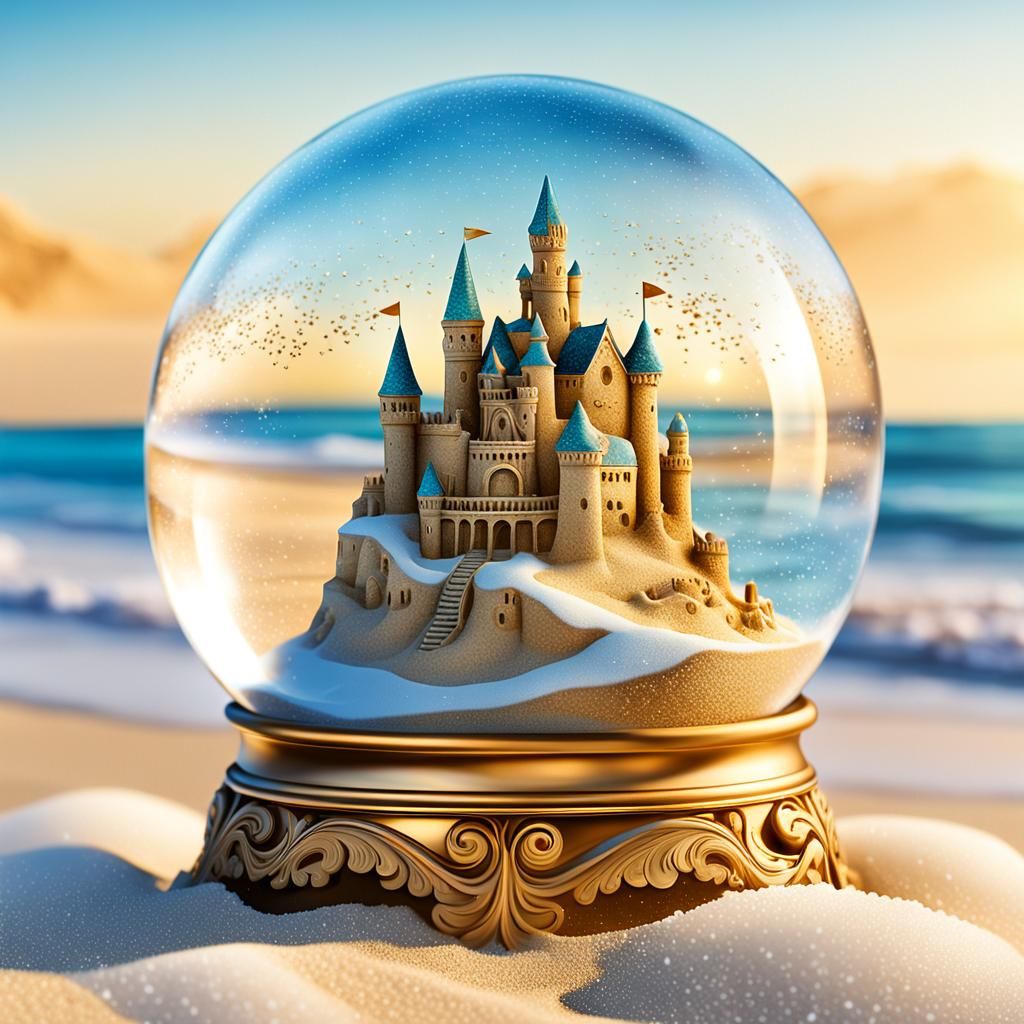 Beach Sandcastle in Snow Globe: Surreal Digital Art