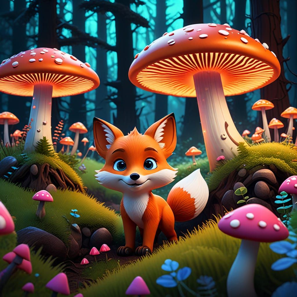 Cartoon Fox Exploring a Glowing Forest in Pixar Style