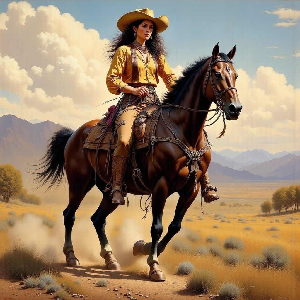 Cowgirl Rides Through Sunny Western Landscape