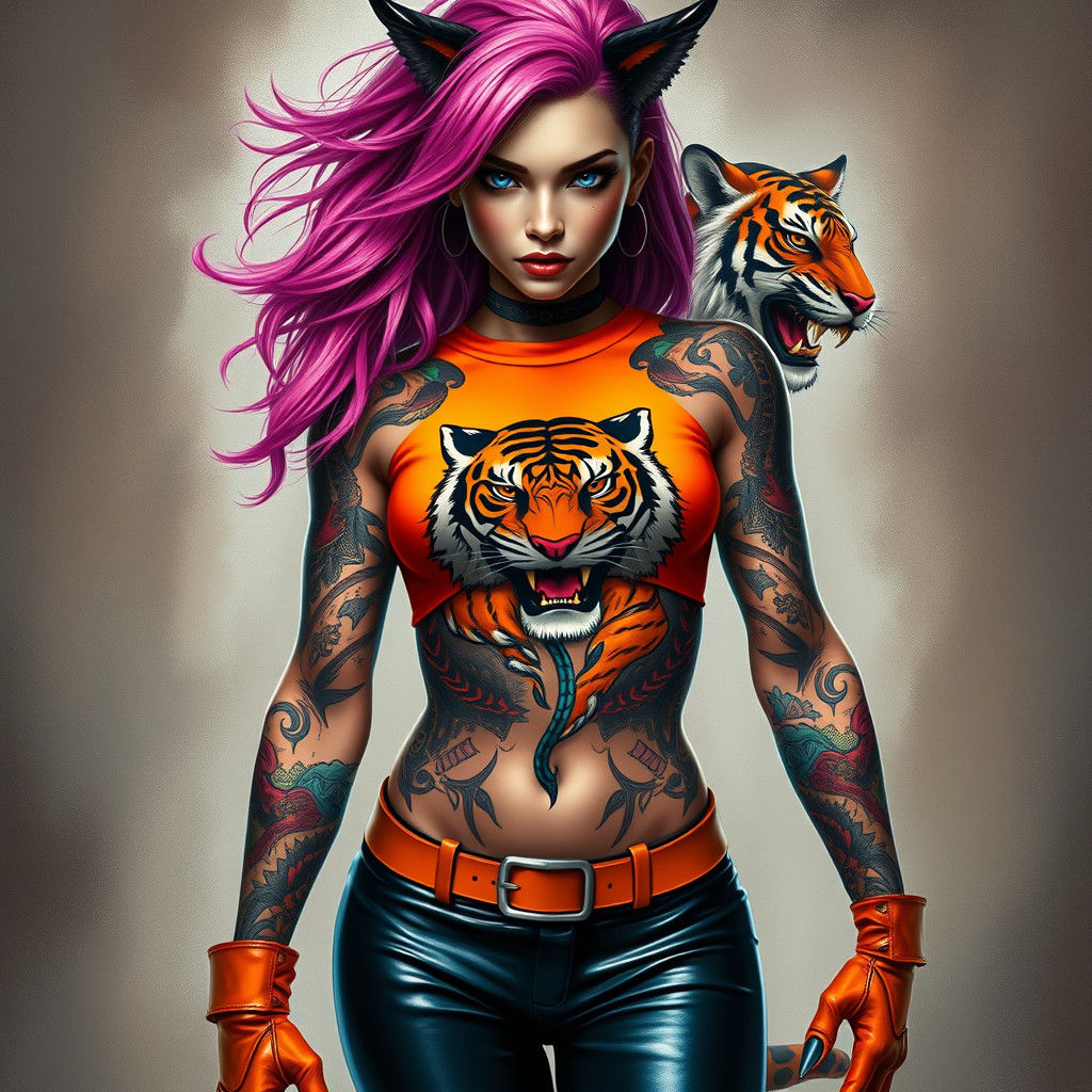 Fantastical Tiger Goddess in Vibrant, Cyberpunk Art