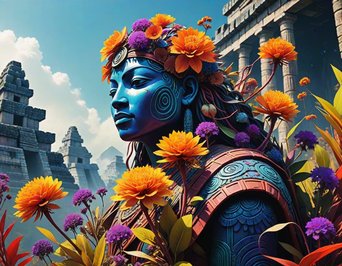 Surreal Cosmic Landscape with Alien Plants and Ancient Ruins