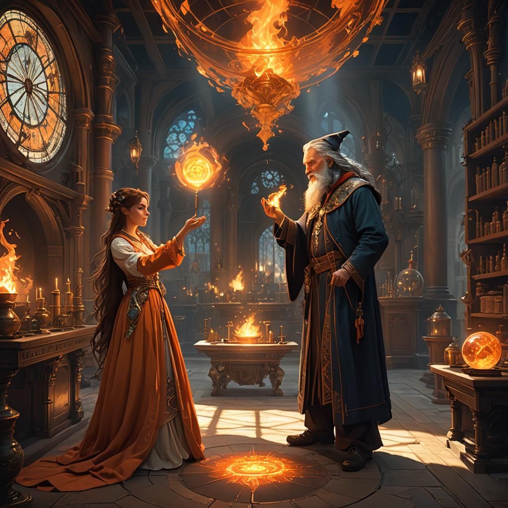 Girl and Wizard with Fireball, Art Nouveau