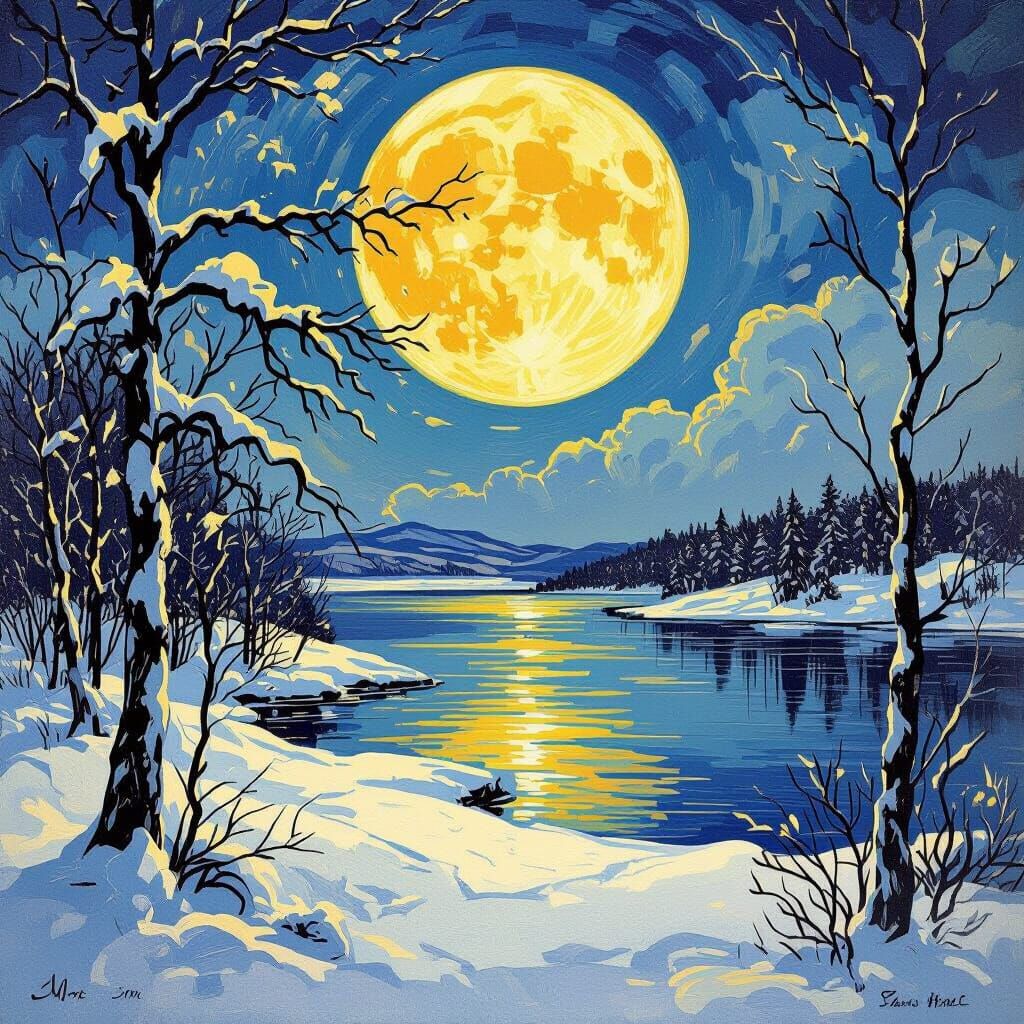 Winter Landscape in Style of Van Gogh and Mucha