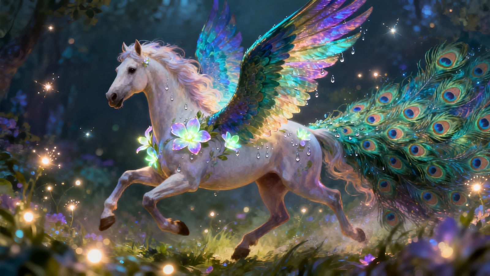 Magical Horse with Peacock Wings in Ethereal Digital Paintin...