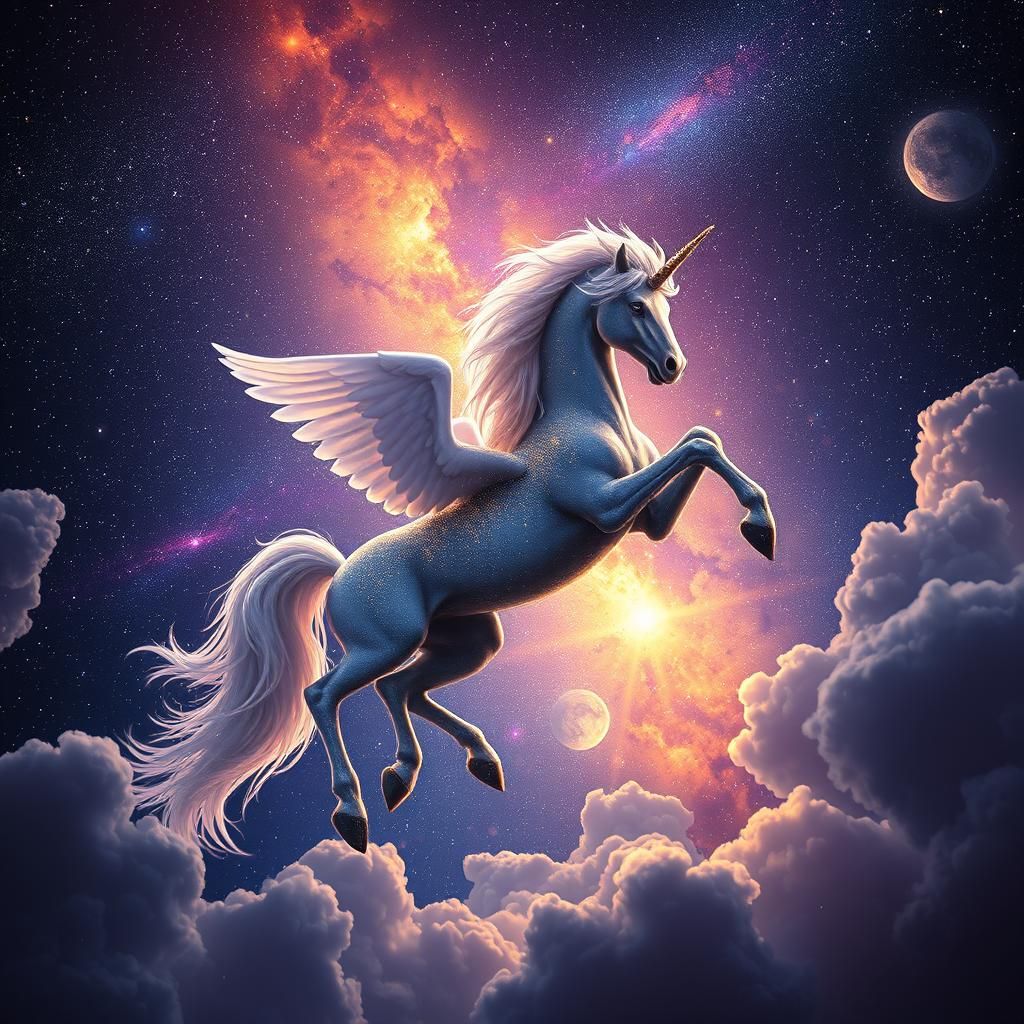 Unicorn Soaring Through the Milky Way: Dark Fantasy Art